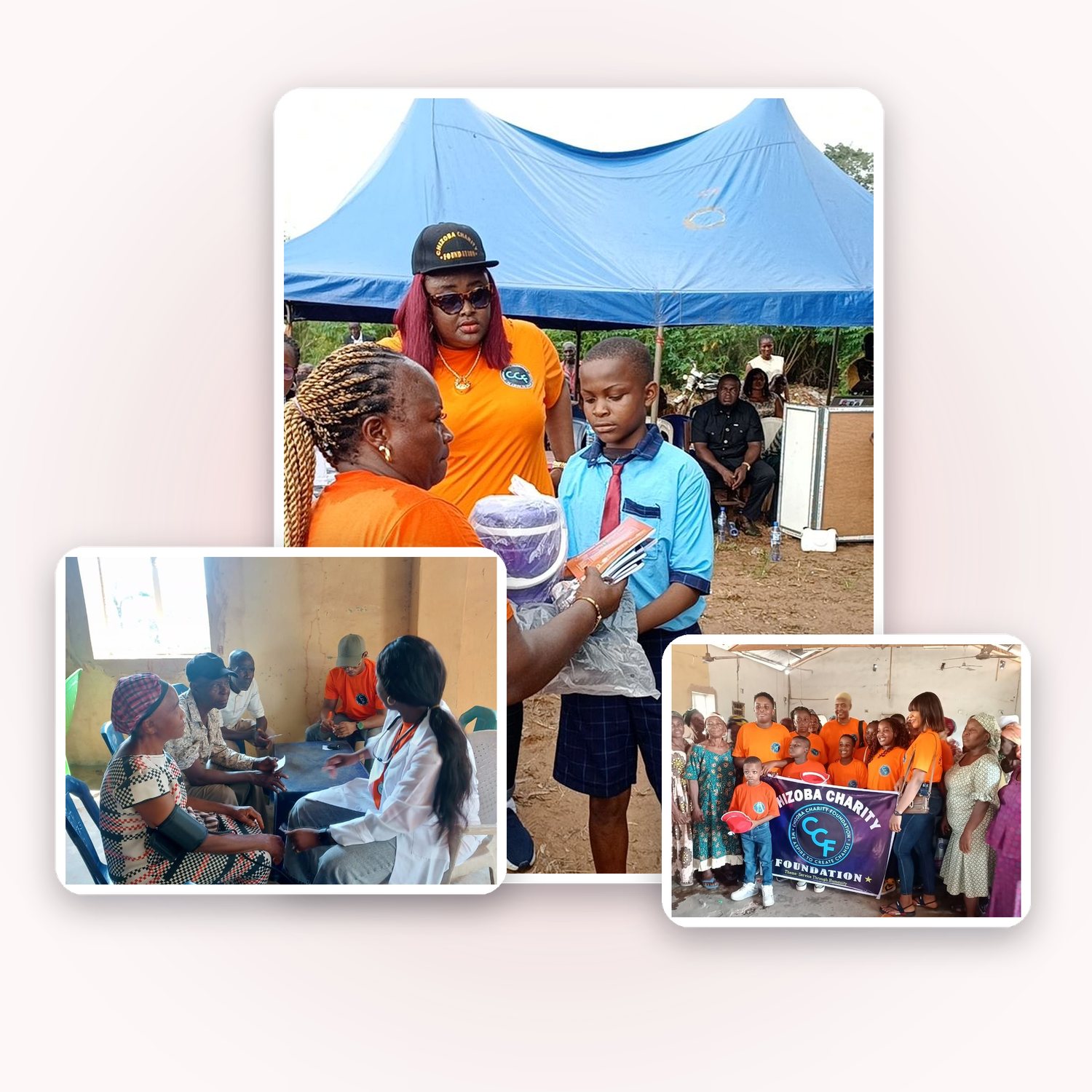 Pupils with new school bags, a medical outreach consultation, and the Foundation team with the community